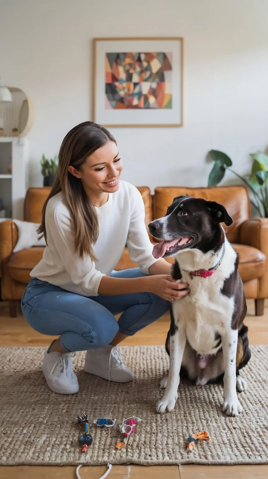 Brittany, K9 Harmony trainer, smiling with a black and white dog at home