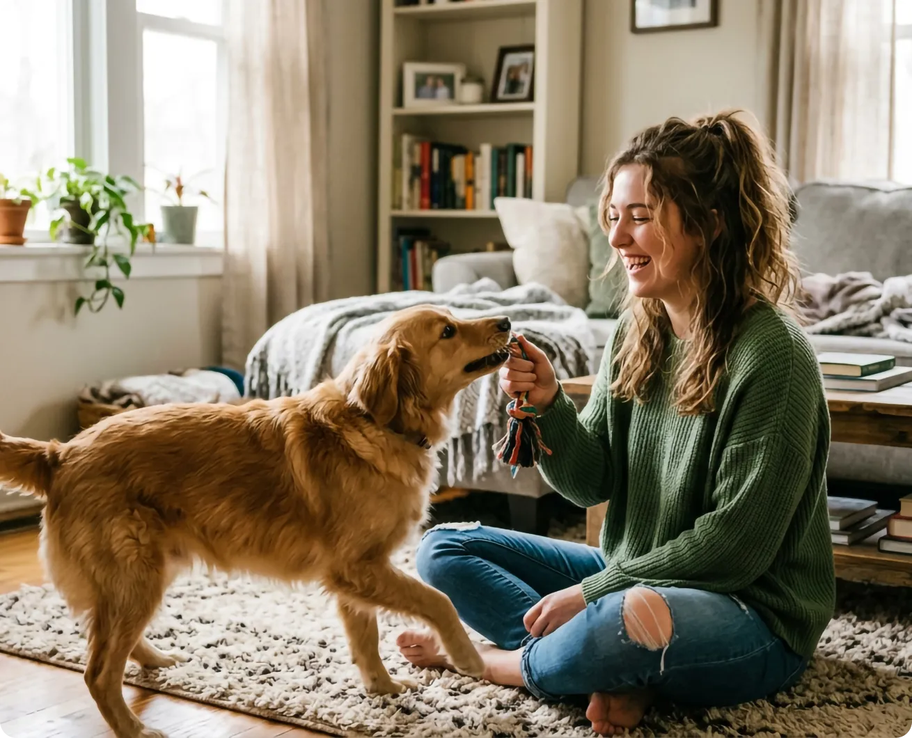 Brittany working with a dog during an in-home training session